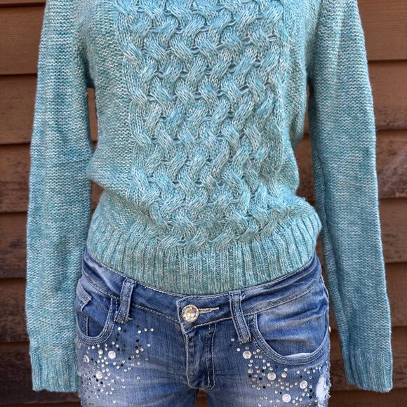 Forever 21 Womens Cable Knit Sweater Aqua Green Size S Ribbed Hem & Cuffs - Picture 5 of 8